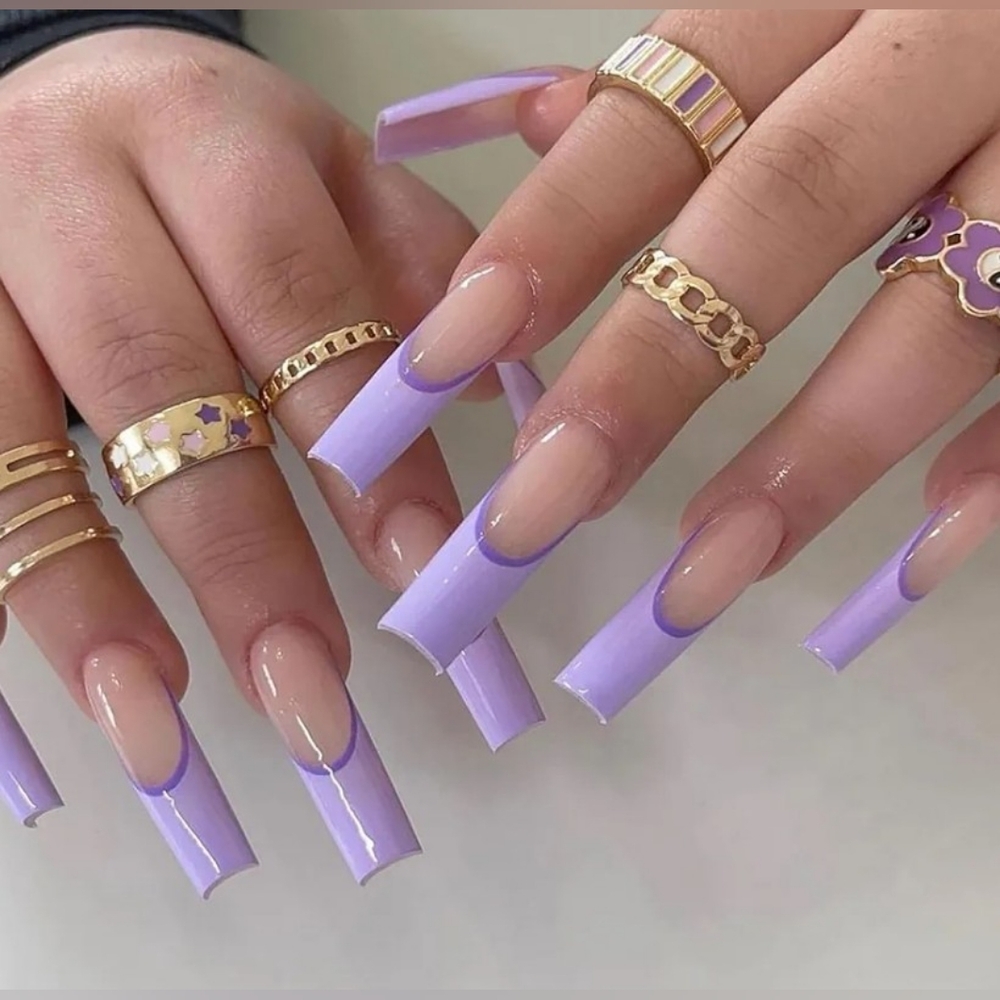 Beautiful Nail Purple French Tip Press-On Nails – Long Coffin Manicure Set